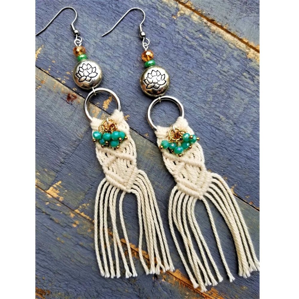 Bohemian Cream Macrame Tassel Earrings with Turquoise Beads